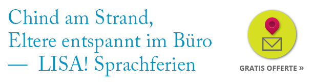 Chind am Strand, Eltere entspannt im Büro Lisa Sprachferien gratis offerte